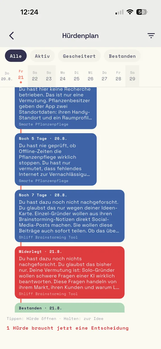 Hürdenplan: bestandene und widerlegte Hürden auf einer Zeitachse