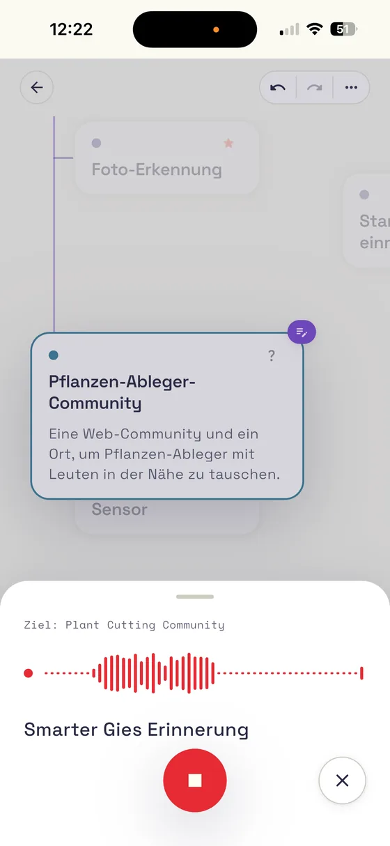 Sprachaufnahme über der Ideen-Karte: Waveform und Aufnahme-Knopf am gewählten Knoten