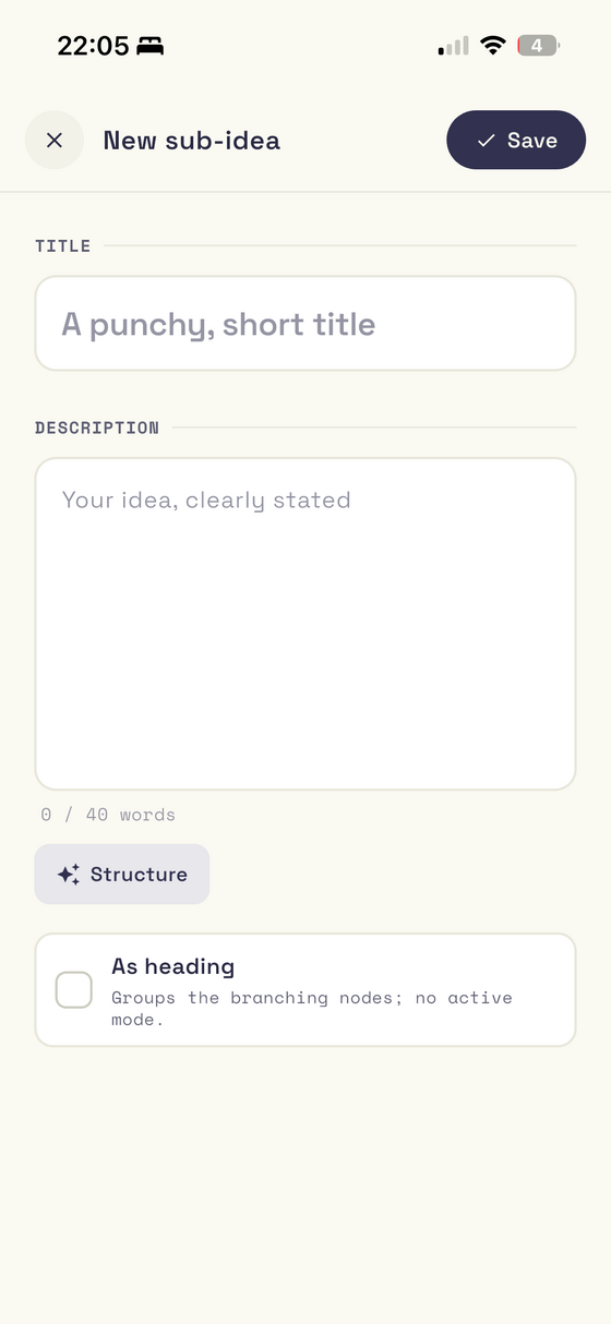 The “New sub-idea” form with title, description and the heading switch