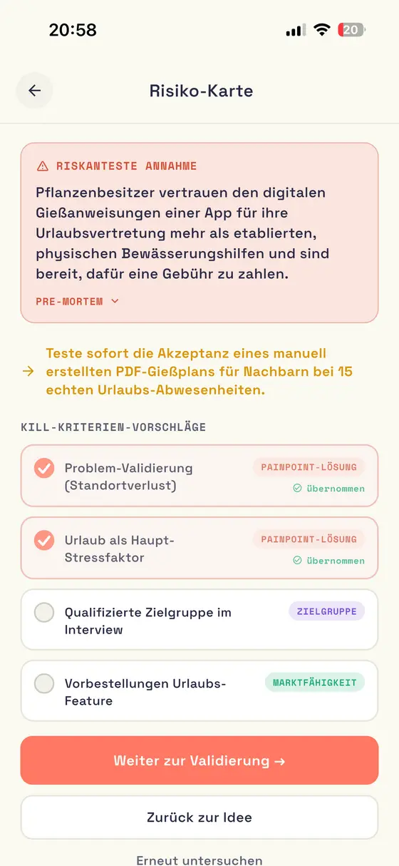 Untersuchung: Risiko-Karte mit riskanter Annahme und Kill-Kriterien